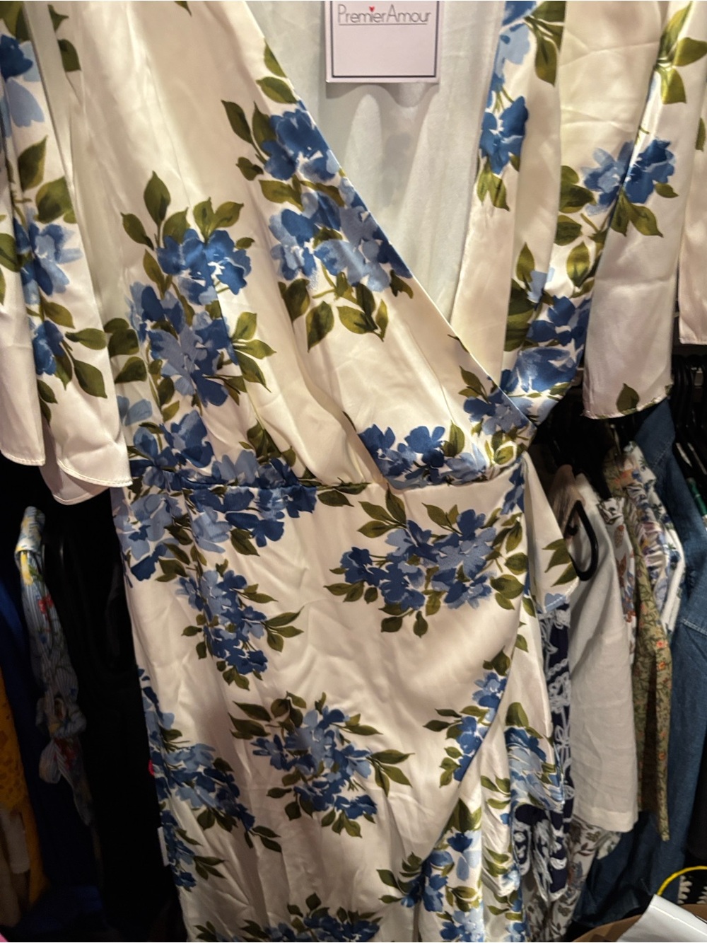 Premier Amour Cream Wrap Dress with Blue Floral Print